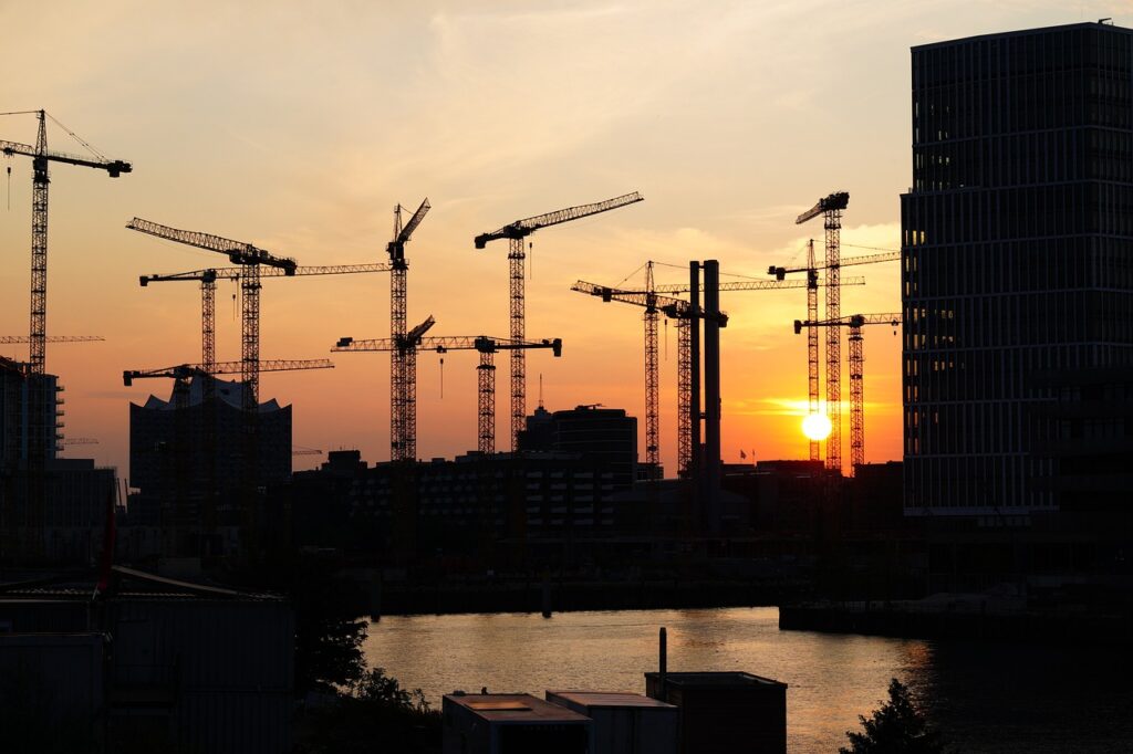 construction site, nature, sunset, construction crane, water, elbphilarmonie, hafencity, hamburg